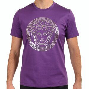 Versace Men's Purple&Silver Medusa Logo Print Short Sleeve T-Shirt US L IT 52